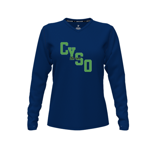 [CUS-DFW-TEES-CMF-VNK-LSL-NVY-FYXS-LOGO1] Decker Comfort T-Shirt (Female Youth XS, Navy, V Neck, Logo 1, Long Sleeve)