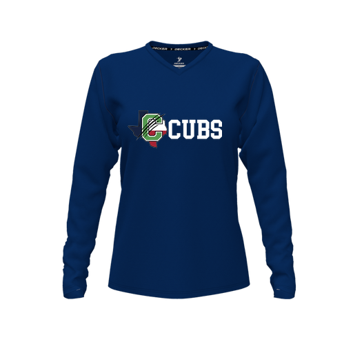 [FTLVCFNV-FYXS-LOGO3] Decker Comfort T-Shirt (Female Youth XS, Navy, V Neck, Logo 3, Long Sleeve)