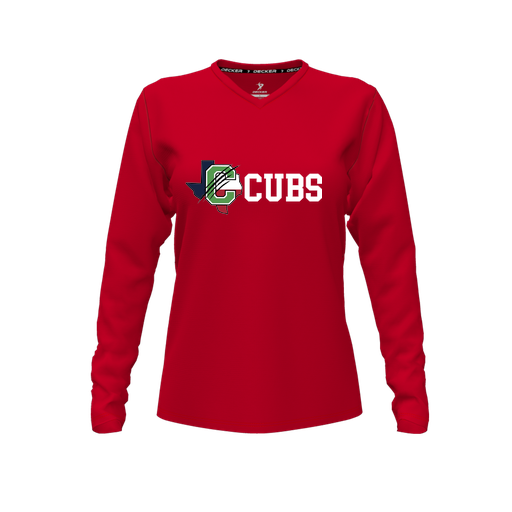 [FTLVPTRD-FYXS-LOGO3] Decker Performance T-Shirt (Female Youth XS, Red, V Neck, Logo 3, Long Sleeve)